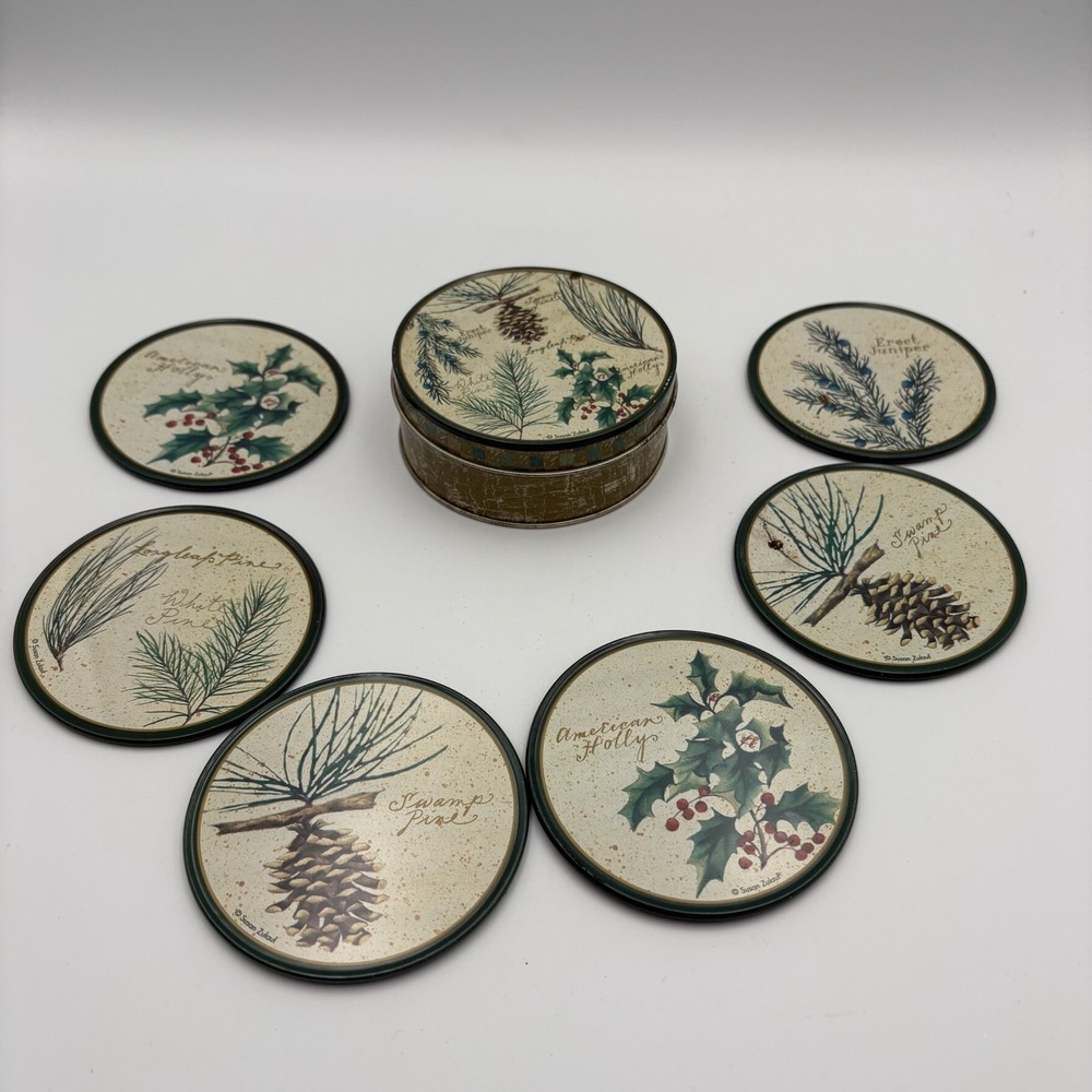 6 Coasters In A Round Tin Susan Zulauf Pine Cones, Holly 3.5'' Cork Back Vintage